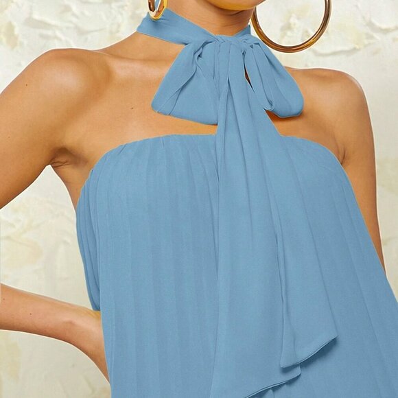 Blue Casual Women's Neck Tie Pleated Dress - Picture 3 of 8